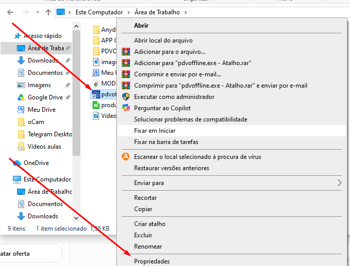 Menu do atalho